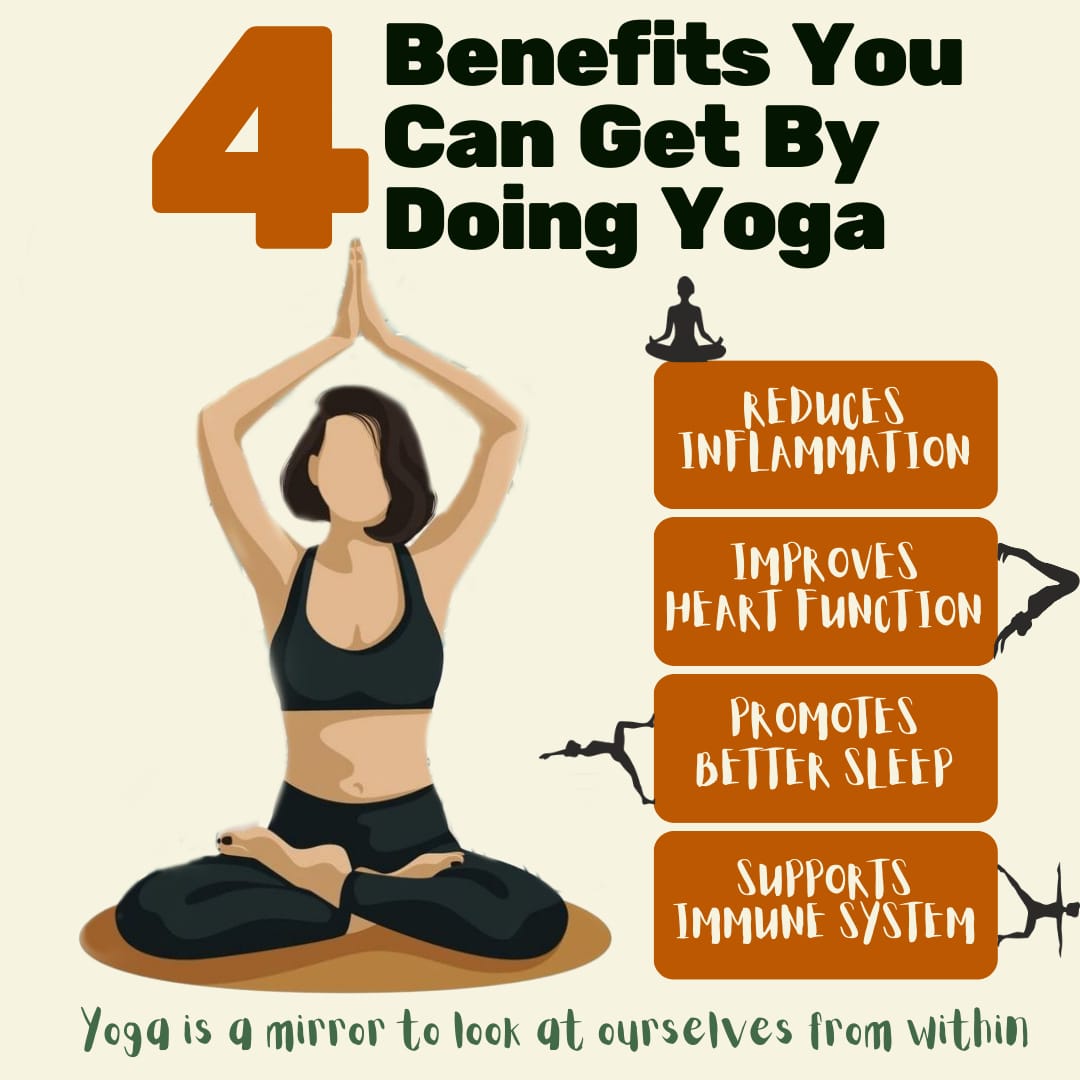 4 Benefits You Can Get Doing Yoga : REDUCES INF INFLAMMATION, IMPROVES HEART FUNCTION ,PROMOTES BETTER SLEEP, SUPPORT IMMUNE SYSTEM.
