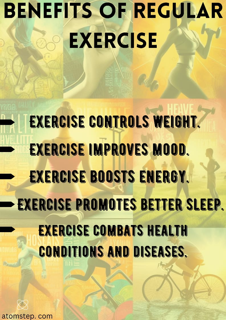 BENEFITS OF REGULAR EXERCISE : EXERCISE CONTROLS WEIGHT . EXERCISE IMPROVES MOOD. EXERCISE BOOSTS ENERGY. EXERCISE PROMOTES BETTER SLEEP. EXERCISE COMBATS HEALTH CONDITION AND DISEASES.
