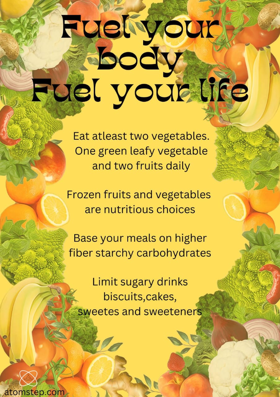 Fuel your body Fuel your life. Eat at least two vegetables. One green leafy vegetable and two fruits daily. Frozen fruits and vegetables are nutritious choices .Base your meals on higher fiber starchy carbohydrates. Limit sugary drinks biscuits,cakes, sweets and sweeteners.